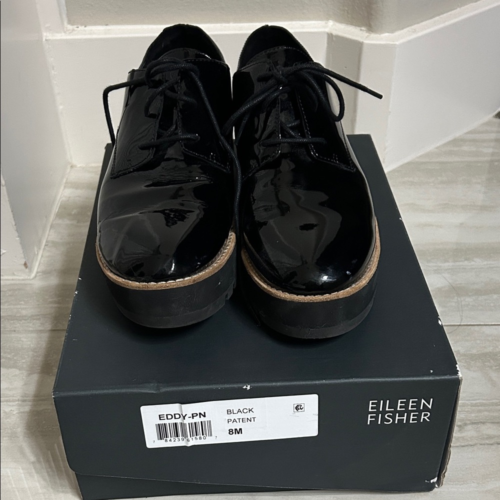 Eileen Fisher Women's Eddy Derby Glossy Black platform Loafers size 8